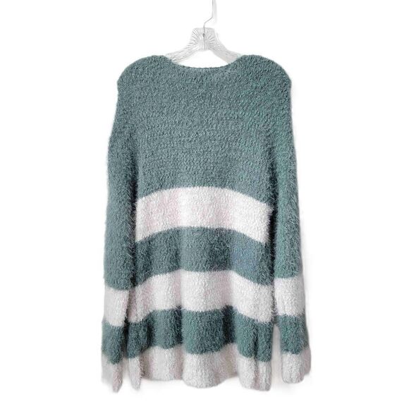 SO Green White Striped Fuzzy Knit V Neck Pullover Sweater Long Sleeves Size XL - Picture 7 of 7